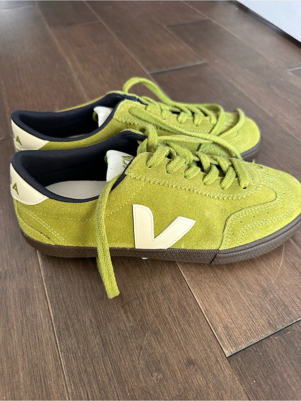 Veja Green Suede Sneakers with Cream V Accent